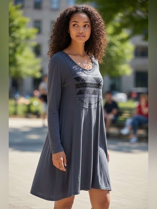 Gudrun Sjoden Dresses & Skirts - GUDRUN SJODEN Gray Abstract Lagenlook Long Sleeve Blouson Midi Dress Size M
